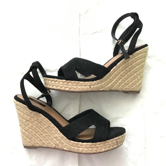 ONLY Wedge Sandals 39/Size 8 Black Cream Brown Ankle Strap - Picture 2 of 10